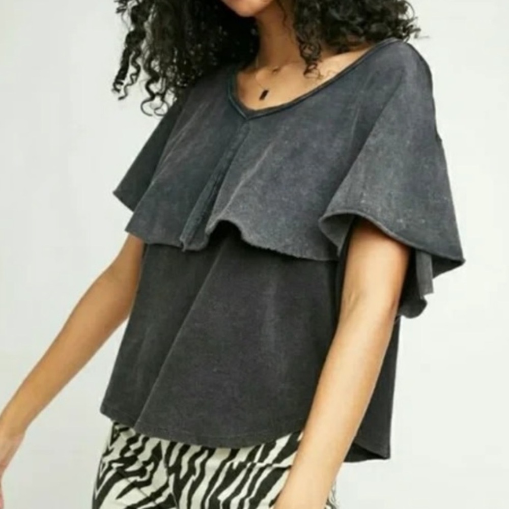 Free People We the Fee Girl Talk Tee-Gray-Ruffle/Tiered-Size M-Boho-Linen Blend